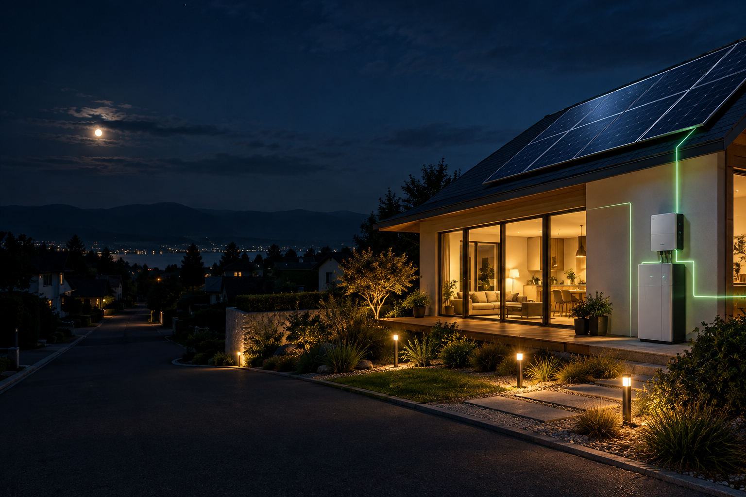A warmly lit home powered by solar battery storage while the surrounding area is dim